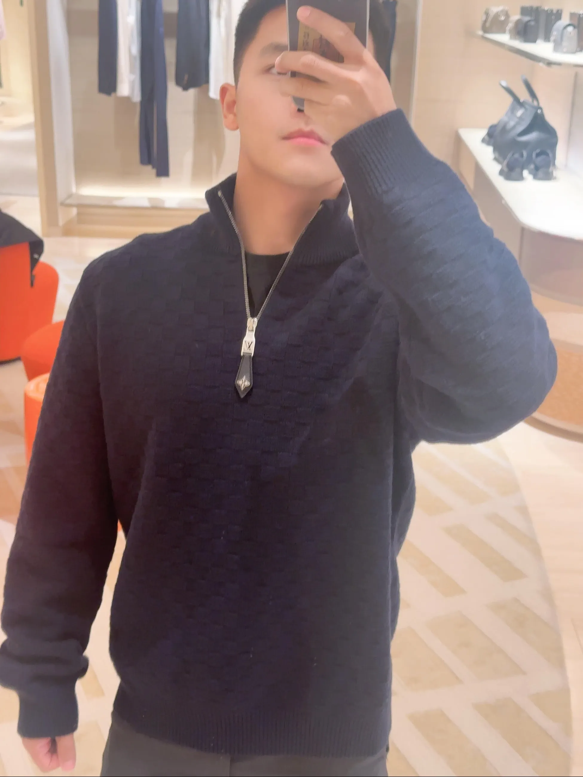 Louis Vuitton/Louis Vuitton checkerboard half-zip turtleneck sweater